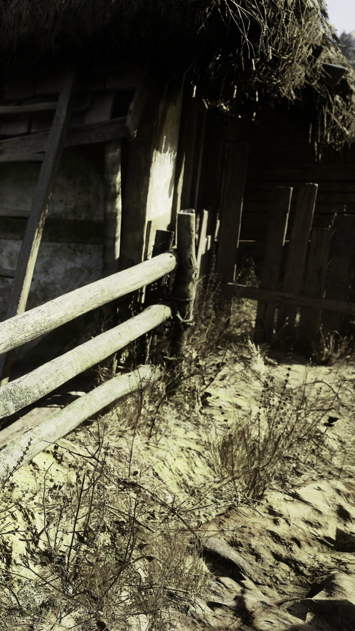 Rustic wooden fence beside a weathered cabin in a sunlit landscape
