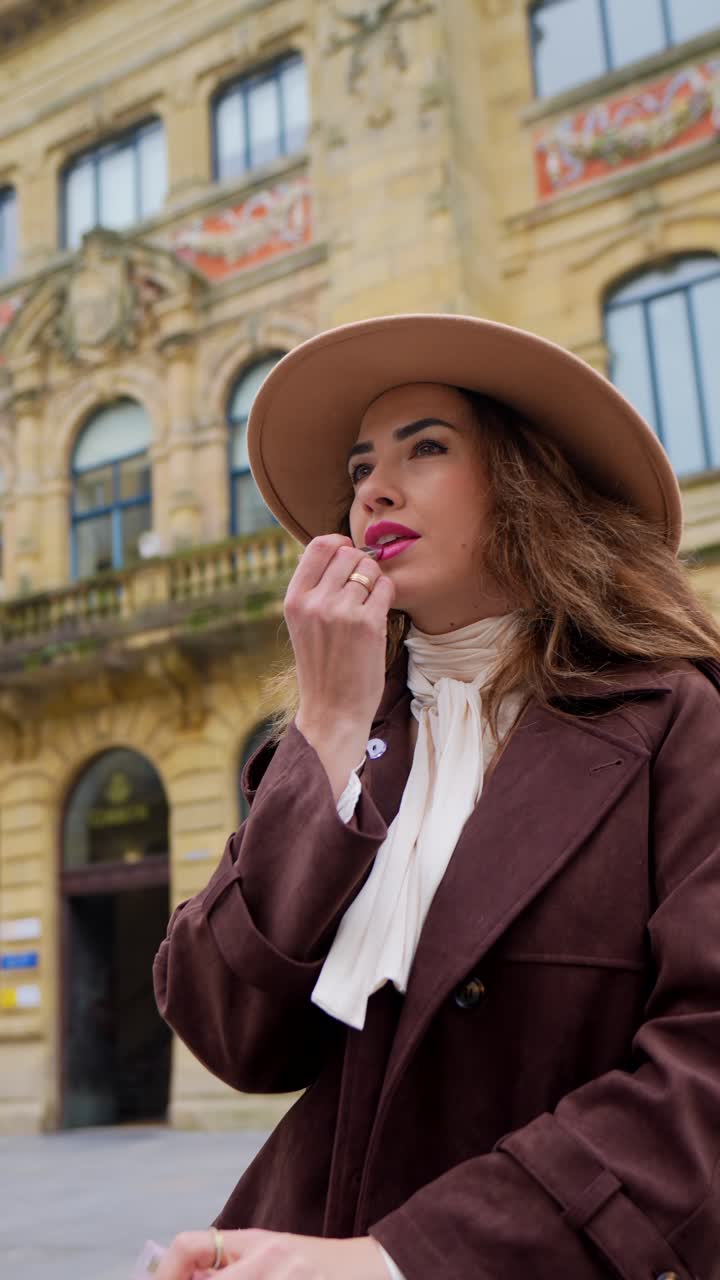 Mujer elegante aplicándose lápiz labial y posando frente a un edificio antiguo