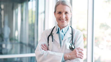 Mature-woman,-face-or-arms-crossed-doctor