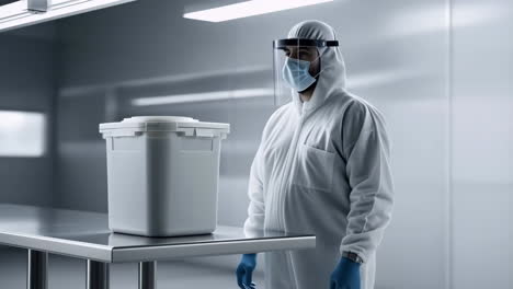 Person in Hazmat Suit with Container in a Sterile Environment