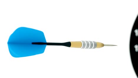 slow motion close-up of dart arrow hitting bullseye of the target