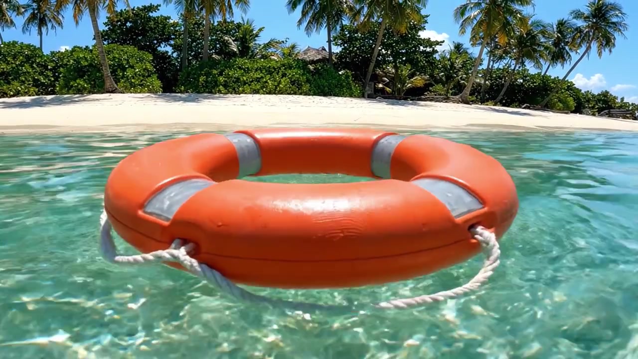 A Vibrant Orange Lifebuoy Floating Calmly in Crystal Clear Tropical Waters Surrounded by Lush Palm Trees on a Sunny Beach Day