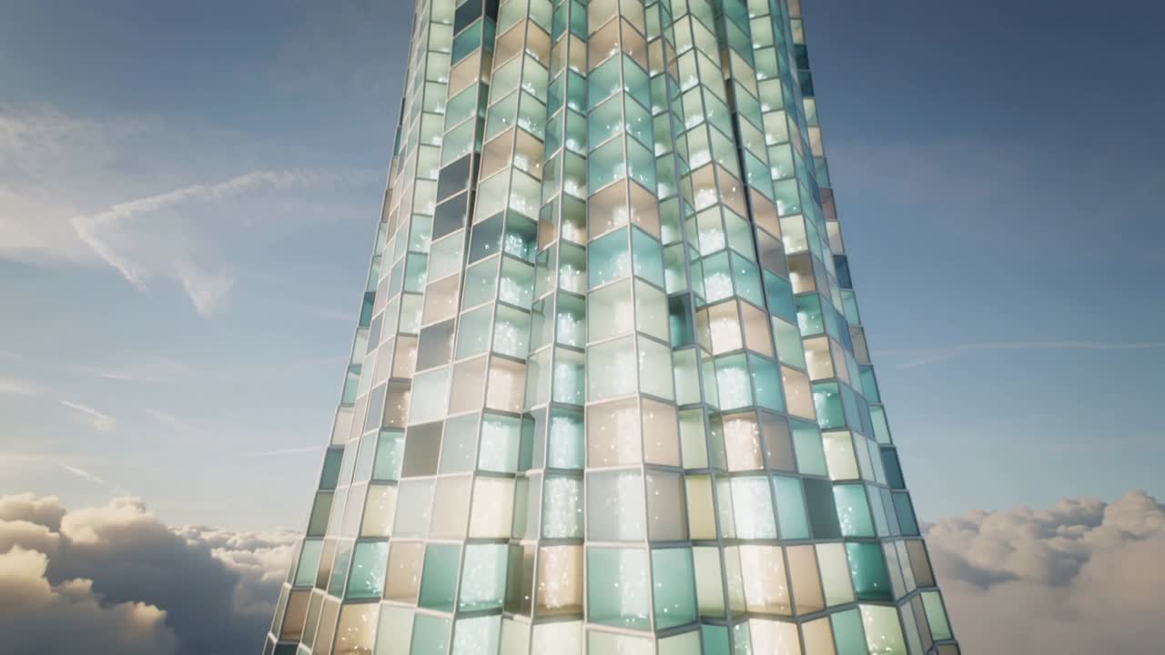 Telecamera che si allontana per rivelare una torre di vetro sfaccettato ad alta quota, mostrando nuvole e riflessi