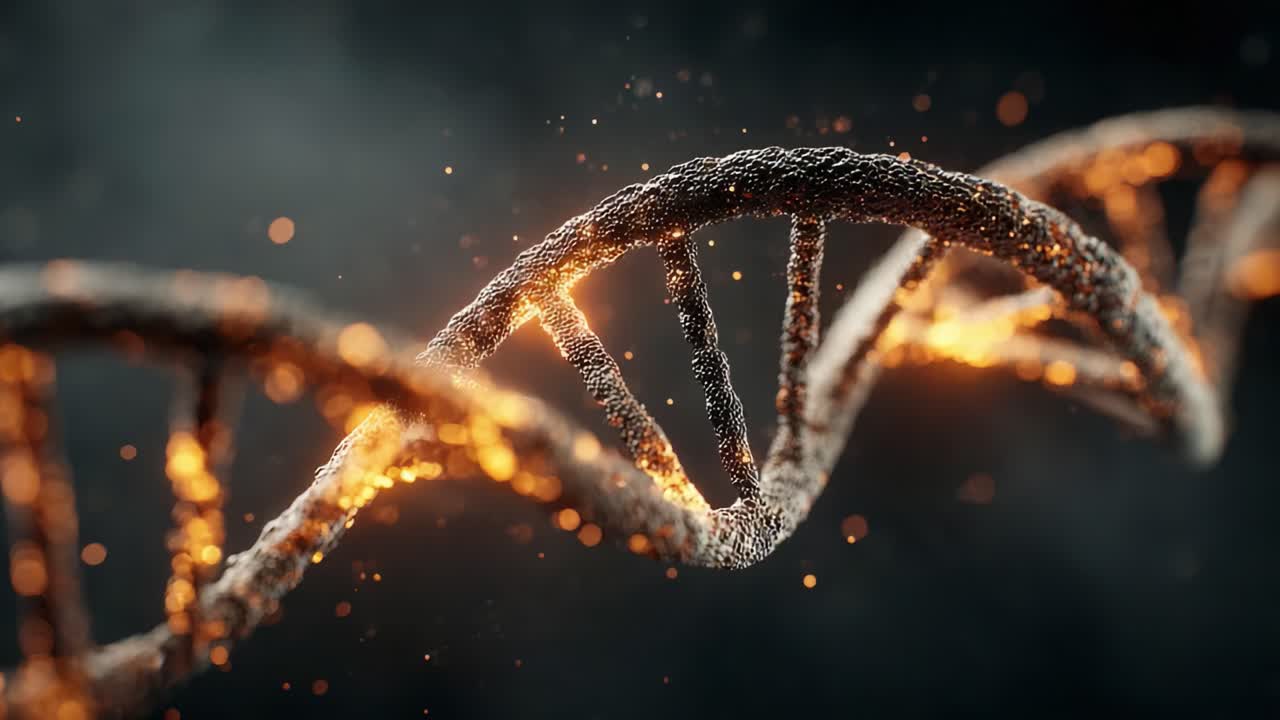 Una visualizzazione mozzafiato dell'elica del DNA con elementi illuminati, che cattura la struttura intricata e la bellezza del materiale genetico, infusa di un bagliore magico