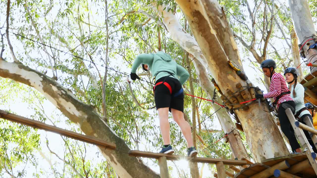 amigos cruzando la tirolina en el bosque 4k 4k