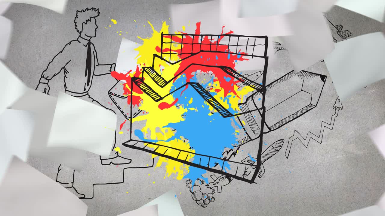 계단을 오르는 사람 위에 다채로운 그래픽의 애니메이션