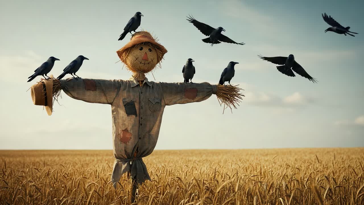 Eine fröhliche Stroh-Vogelscheuche steht auf einem weiten goldenen Feld, umgeben von neugierigen Krähen, die in der Nähe kreisen, und symbolisiert landwirtschaftliche Tradition und die Interaktion mit der Tierwelt.
