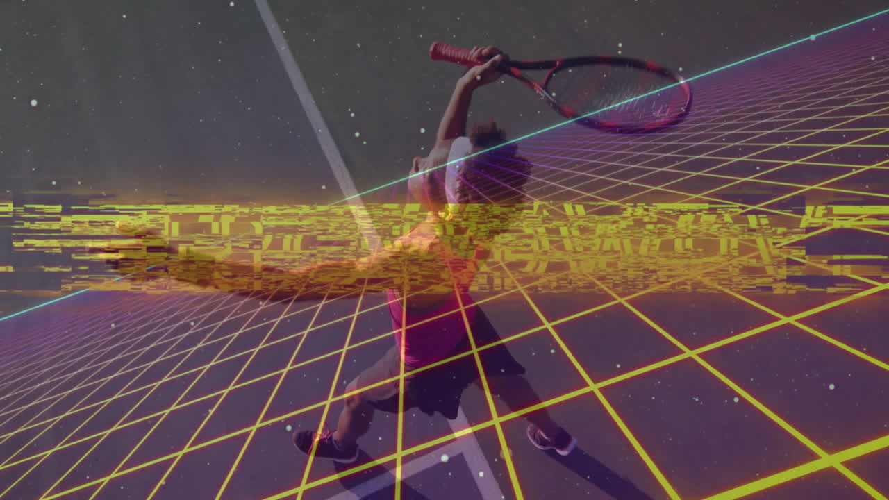 Dancing with RETROWAVE text, person in neon grid and starry background animation