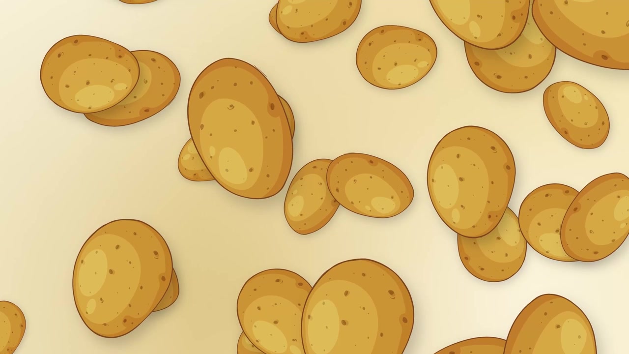 Stylized whole potatoes fall vertically against a soft cream background in a continuous loop.