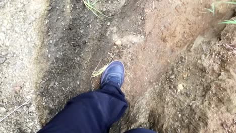fpv de los zapatos de una persona caminando en un terreno estrecho y sucio en el parque hell&#39;s gate, día