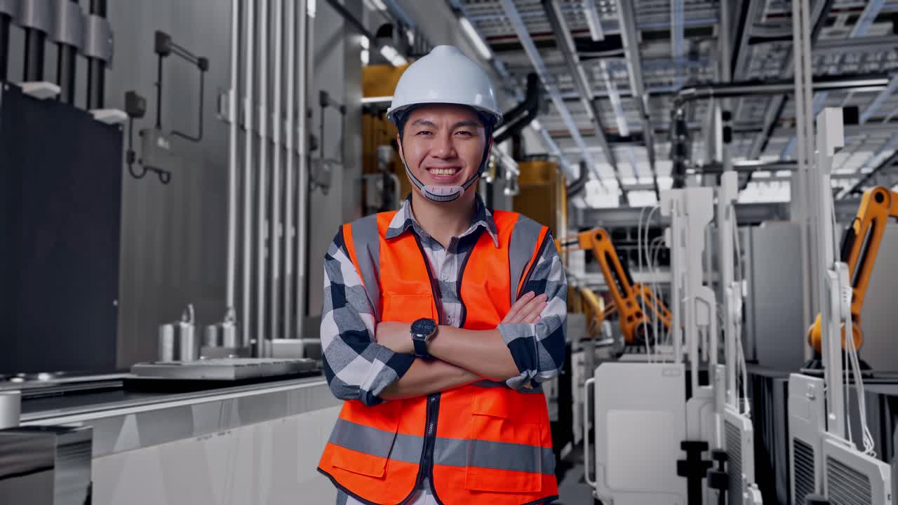 Ingegnere asiatico con casco di sicurezza, a braccia incrociate e sorridente alla telecamera mentre è in piedi, linea di produzione automatizzata di batterie in una fabbrica moderna