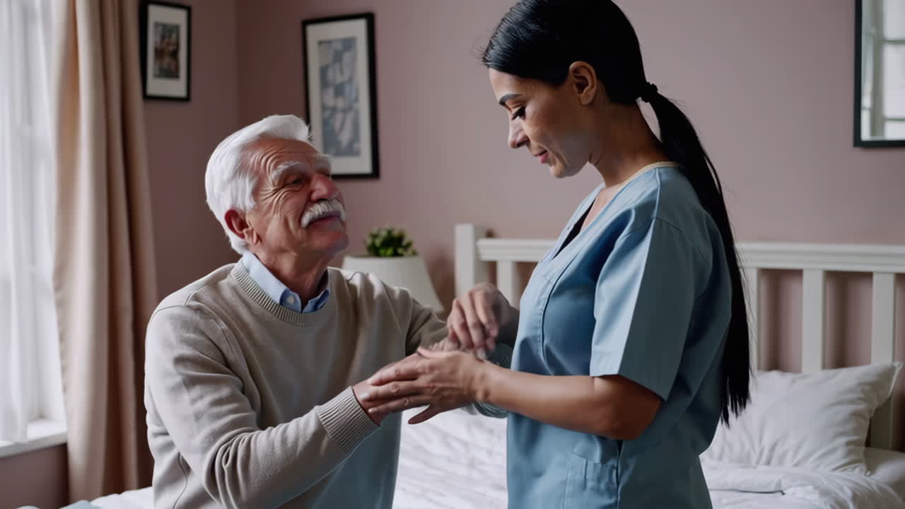 Caregiver providing assistance to an elderly man