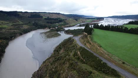 rakaia gorge during sunrise in canterbury, south island, new zealand. - aerial shot