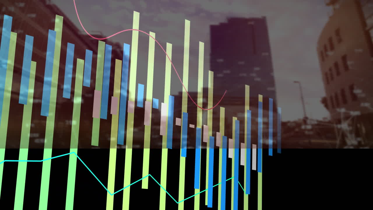 Bar and line graphs animation over cityscape with tall buildings