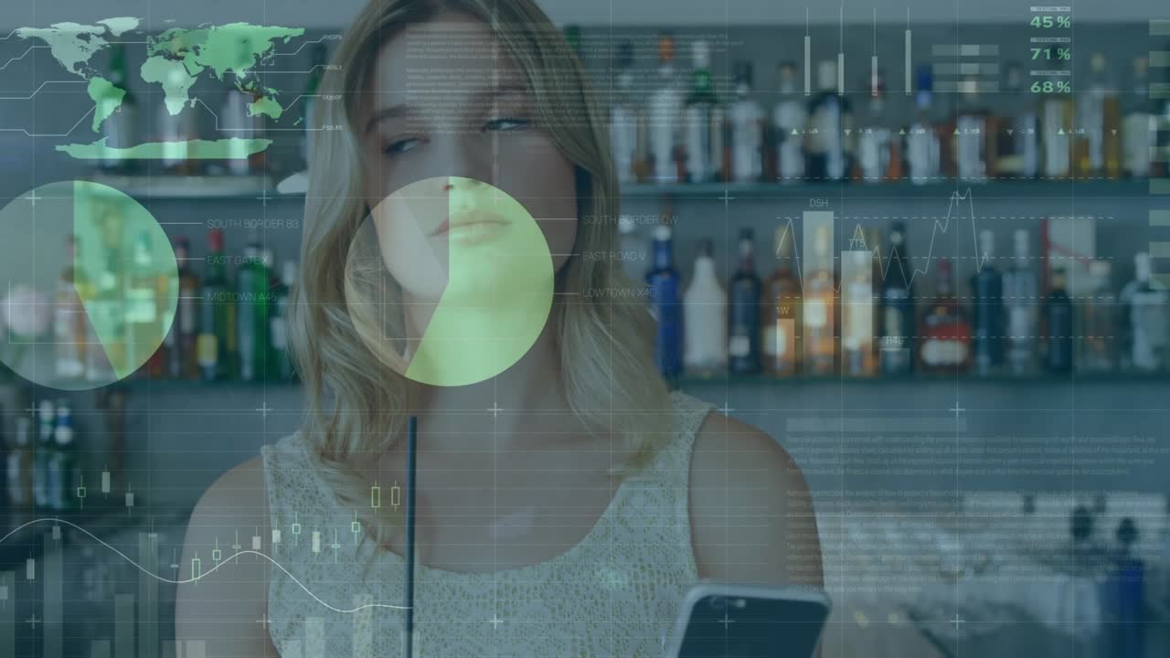 Animation of data processing over caucasian woman using smartphone
