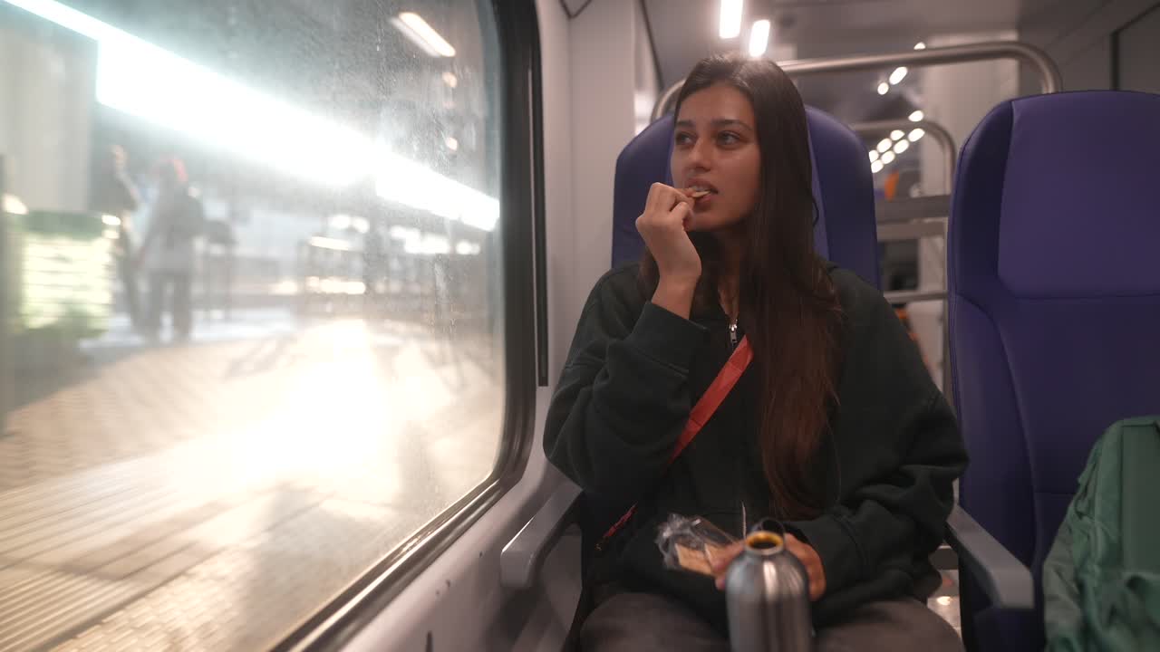 電車で旅する女性