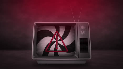 animación de una espiral de líneas blancas y negras sobre un letrero de advertencia en la televisión.