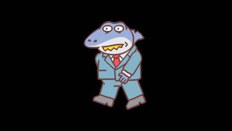 boss shark with serious face in suit walks. frame by frame animation. alpha channel