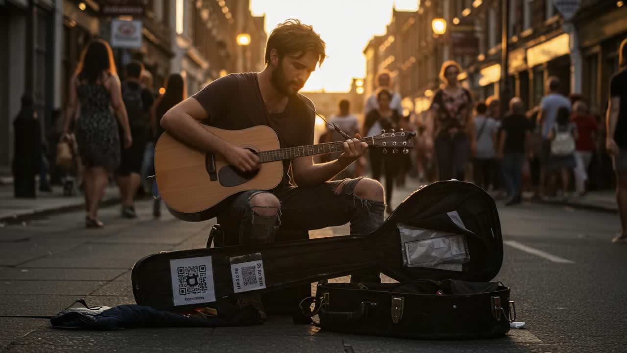 A Street Musician Captivating a Busy Urban Sunset Scene with Melodic Guitar Strumming, Engaging Onlookers in a Moment of Artistic Expression and Community Connection