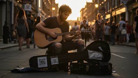 a street musician captivating a busy urban sunset scene with melodic guitar strumming, engaging onlookers in a moment of artistic expression and community connection