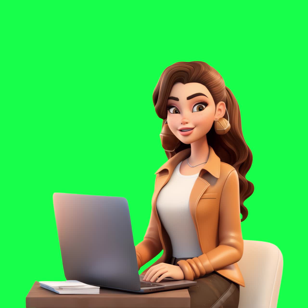 Animated woman working laptop animation, transparent 4K video, green screen