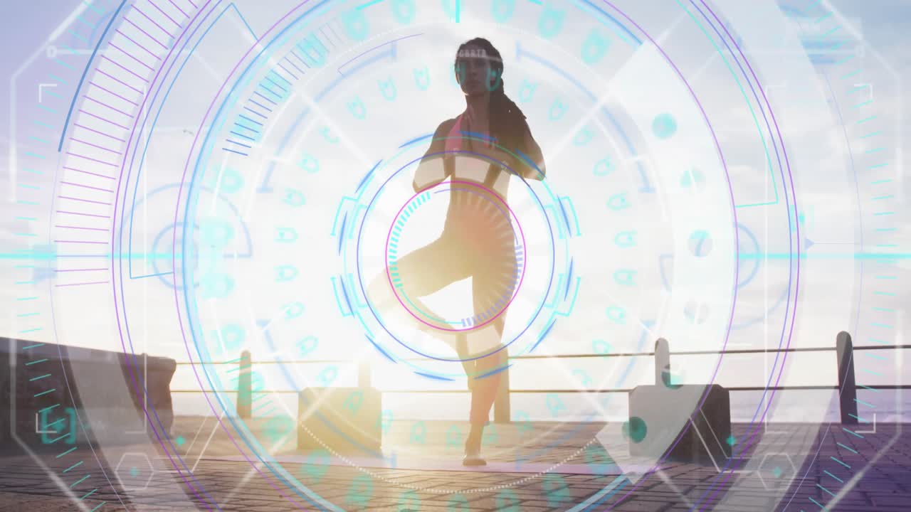 해변에서 요가를 연습하는 여성에 대한 통계와 그래프의 애니메이션