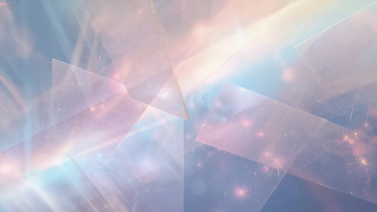 明るく傾いたリボンが、パステルカラーの風景にコラージュされた透明感のあるパネルにスライドするように促し、輝きが薄れていきます。