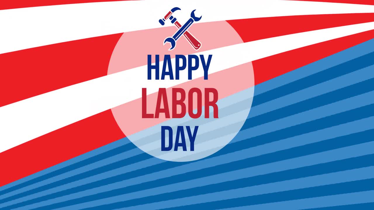 Animation of happy labor day text with tools over american flag