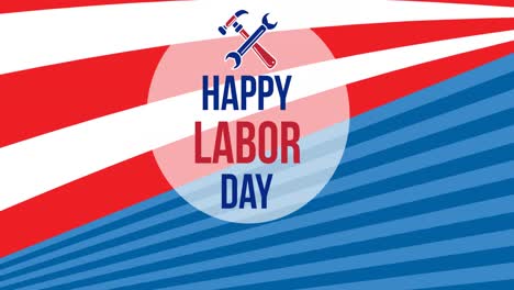 animation of happy labor day text with tools over american flag