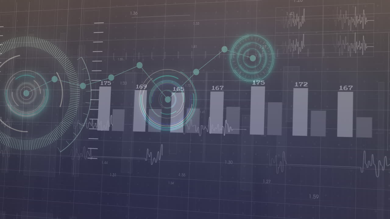 Animation of multiple graphs with changing numbers over loading circles on abstract background