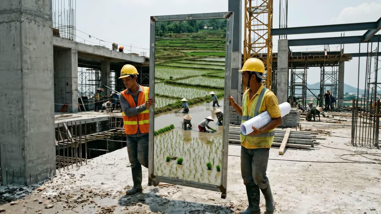 Construction Workers Hold Mirror Reflecting Traditional Rice Farming