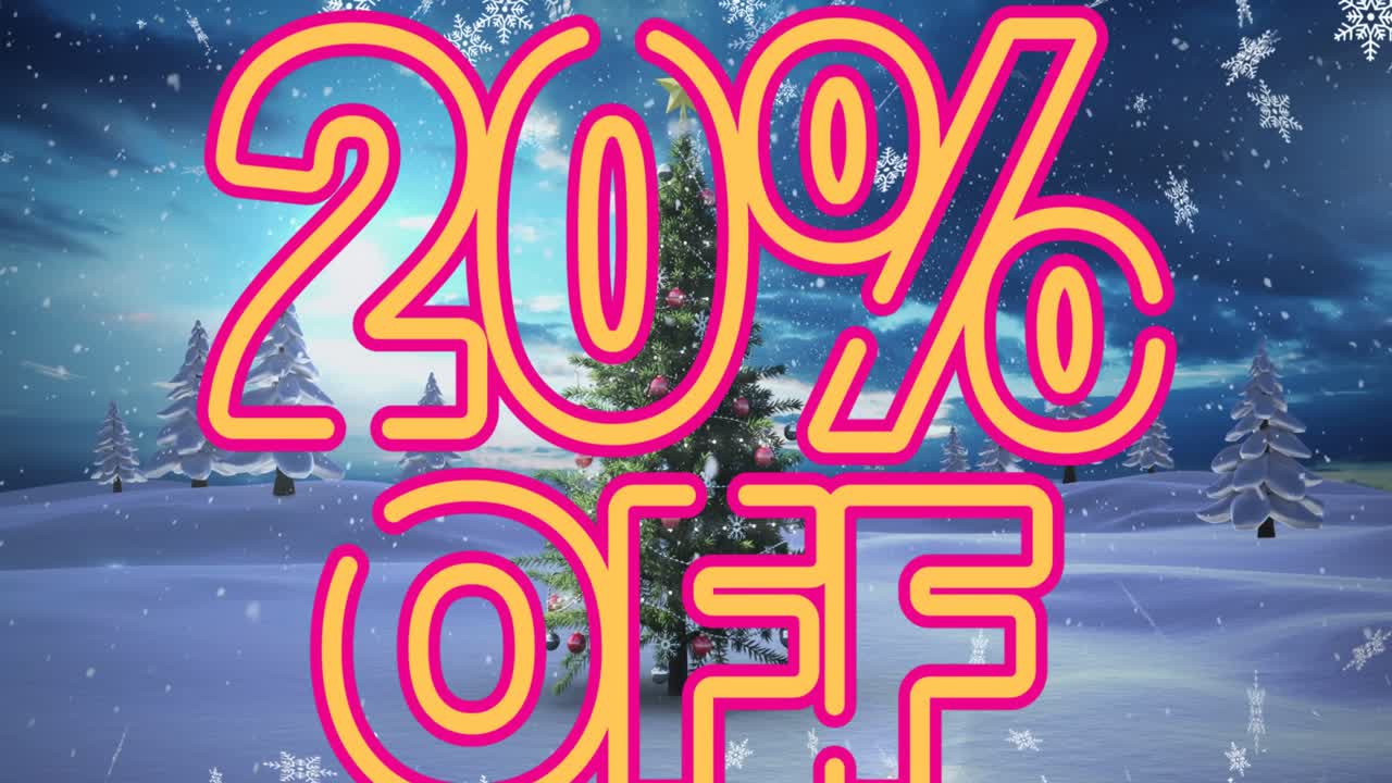 Animazione del testo "20% di sconto" su un albero di Natale e un paesaggio invernale