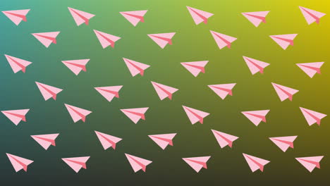 animación de planos de papel rosado repetidos que se mueven sobre un fondo verde suave a amarillo