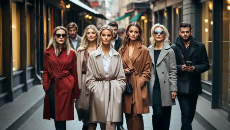 fashionable group walks confidently down a city street in autumn