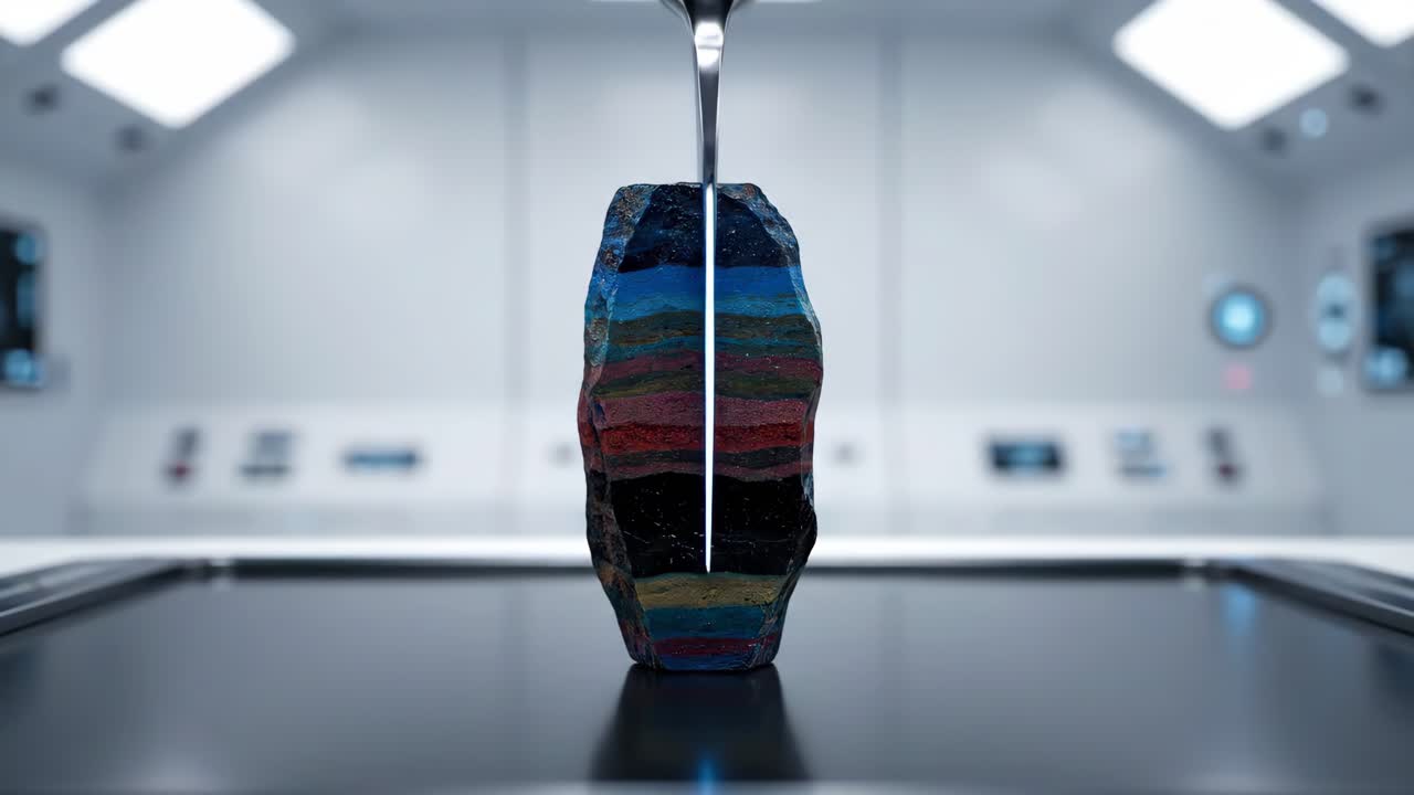 Tagliare una roccia a strati in un laboratorio futuristico