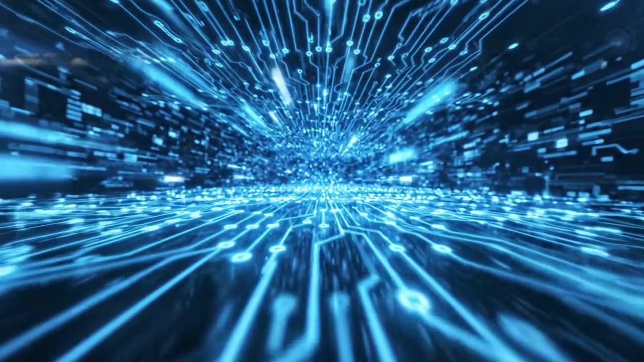En fængslende rejse gennem en futuristisk verden af pulserende blåt lys og elektroniske baner, der repræsenterer konvergensen af teknologi og innovation