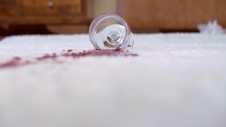 Glass of Red Wine Dropping onto White Rug