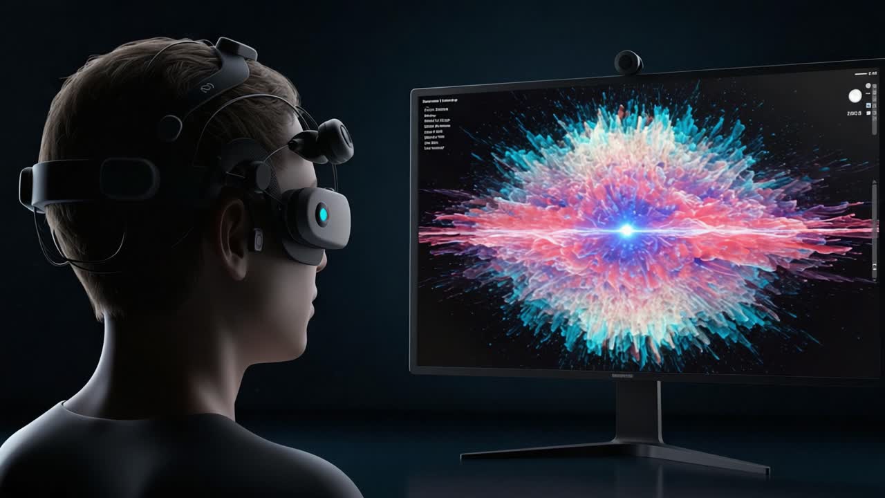 A User Engaged with Virtual Reality Technology, Captivated by the Dynamic Visuals Displayed on a High-Definition Monitor in a Darkened Environment