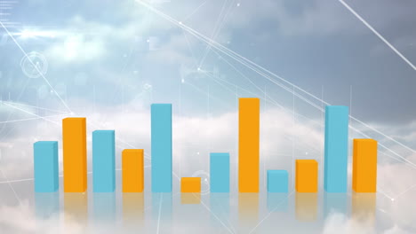 blue and yellow graphs and network lines moving on cloud background