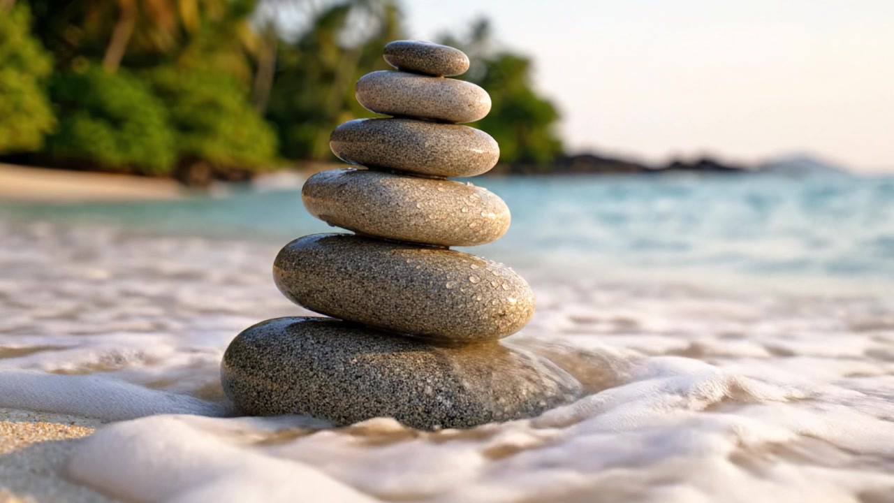 Una Serena Pila di Pietre Lisce si Equilibra con Calma su una Spiaggia Sabbiosa con Dolci Onde Che Lambiscono la Riva, Circondata da una Vegetazione Lussureggiante Sotto un Cielo Tranquillo