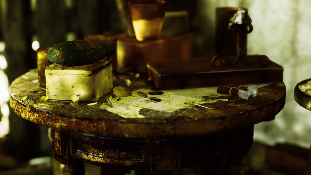 Old wooden table cluttered with various items in a dimly lit room