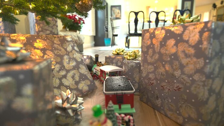 Scivola sotto un albero di Natale festivo, con regali a volontà, mostrando un trenino modello, diffondendo gioia in una deliziosa carrellata in avanti.