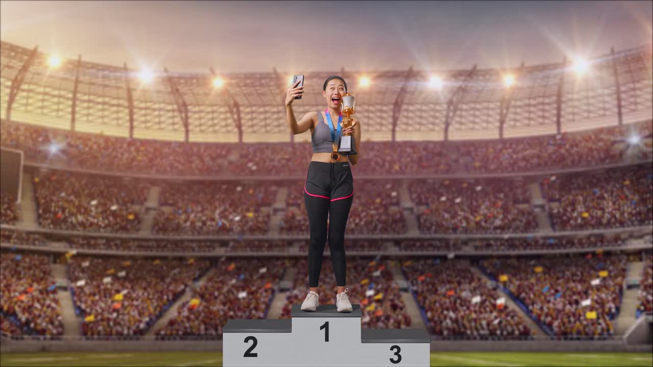 Woman Celebrating Victory on Podium in Stadium