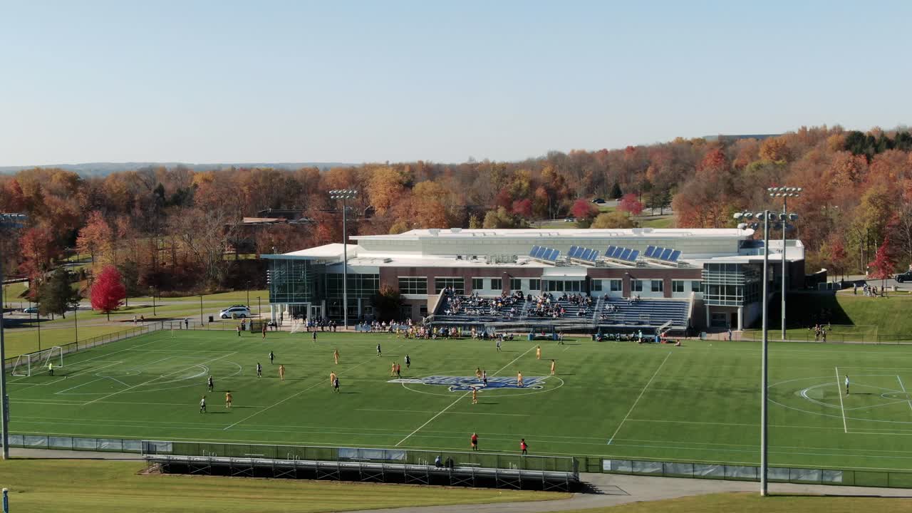 Aerial footage of a College Soccer game in upstate New York