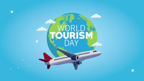 world tourism day lettering with airplane and earth planet