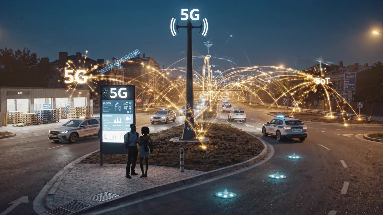 Intersezione urbana illuminata che mostra tecnologia 5G avanzata e infrastruttura di traffico intelligente con funzionalità di connettività wireless al tramonto