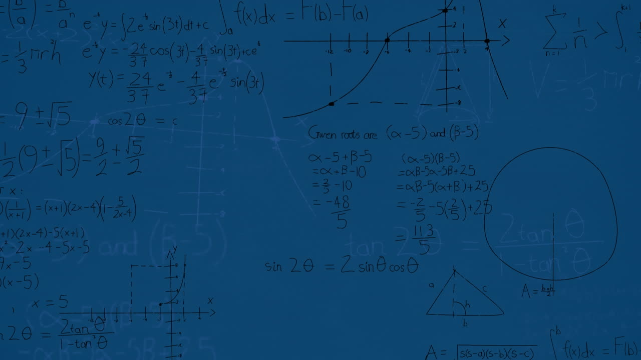 Animation of mathematical equations and diagrams floating against blue background