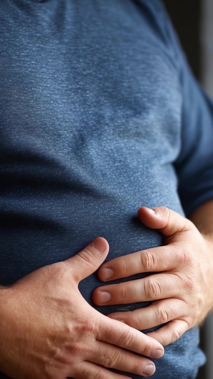 A Close-Up View of a Man Gently Pressing His Hands Against His Stomach, Indicating Possible Discomfort or Reflection on Internal Feelings and Health Awareness