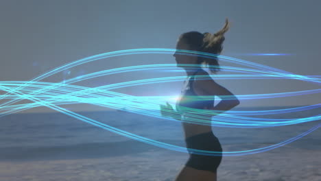 animation of blue lines over caucasian woman running on beach