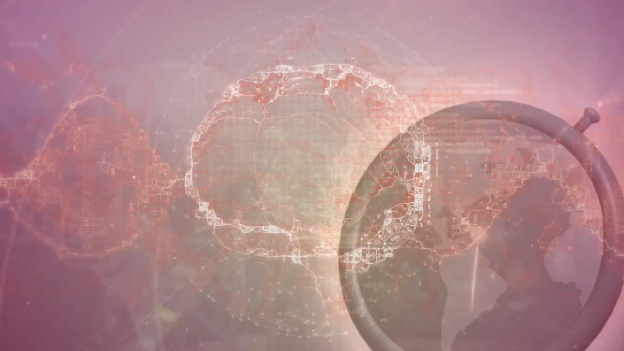 파동의 애니메이션, 회전하는 뇌와 시계가 밝은 보라색 배경에서 움직입니다.